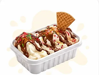 Ice cream tub with sauces, sprinkles and wafer