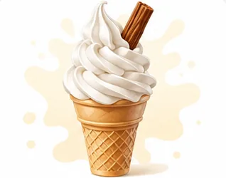 Fresh soft serve ice cream cone with a chocolate flake